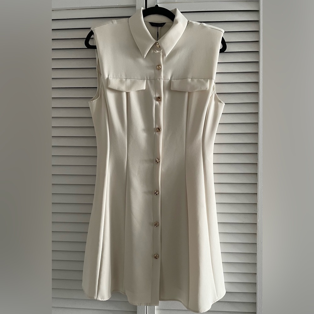 Zara Cream Sleeveless Button-Down Mini Dress